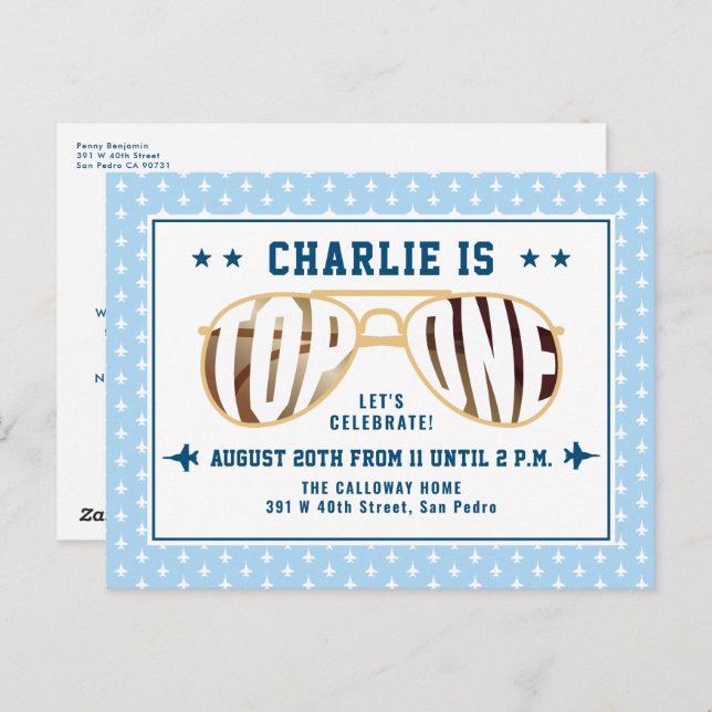 Blue TopOne Fighter Pilot Themed First Birthday Postcard (Front/Back)