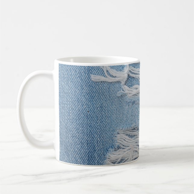 Blue torn denim jeans texture background. Stylish, Coffee Mug (Left)