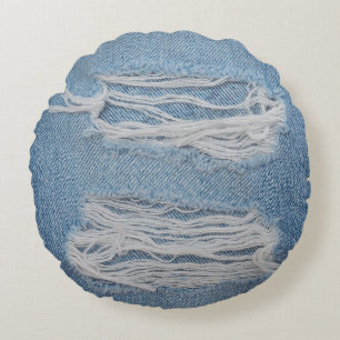 Blue torn denim jeans texture background. Stylish, Round Pillow