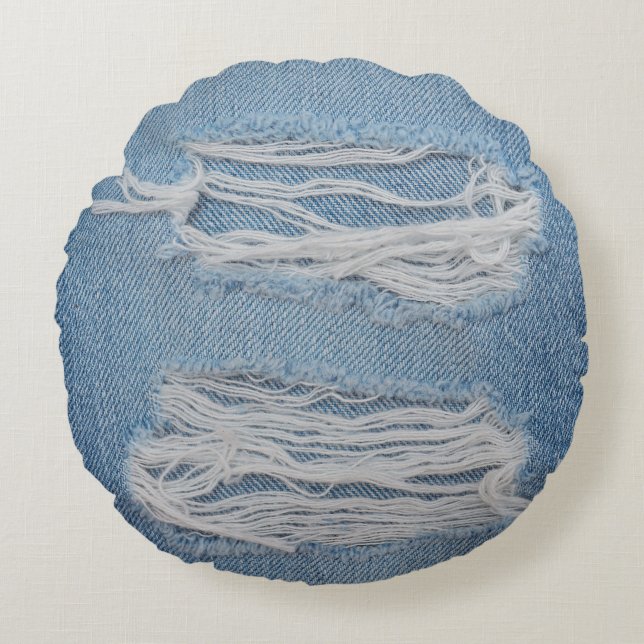 Blue torn denim jeans texture background. Stylish, Round Pillow (Front)