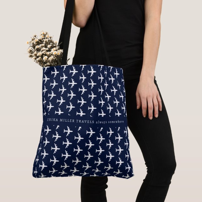 Blue Tote Bag of White Airplanes (Close Up)
