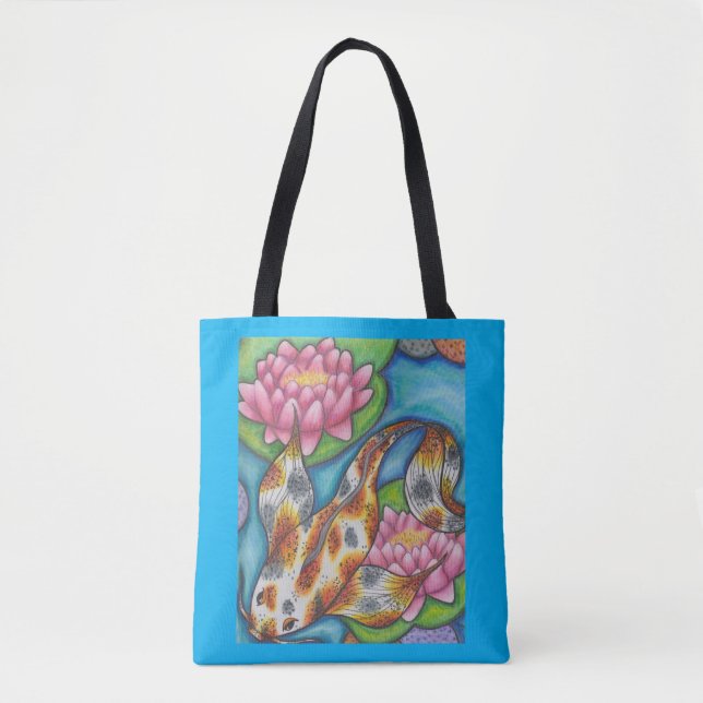 Blue Tote Bag With Orange Koi Fish Pencil Art (Front)