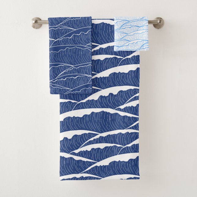 Blue towel set with illustrative waves pattern (Insitu)