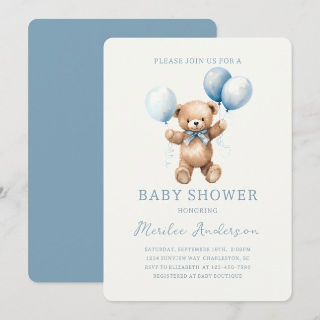 Blue Toy Bear Baby Boy Baby Shower Invitation (Front/Back)