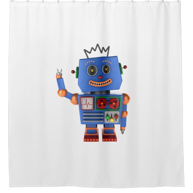 Blue toy robot waving hello (Front)