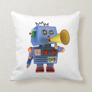 Blue toy robot with bullhorn throw pillow