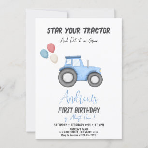 Blue Tractor any age,  birthday  Invitation