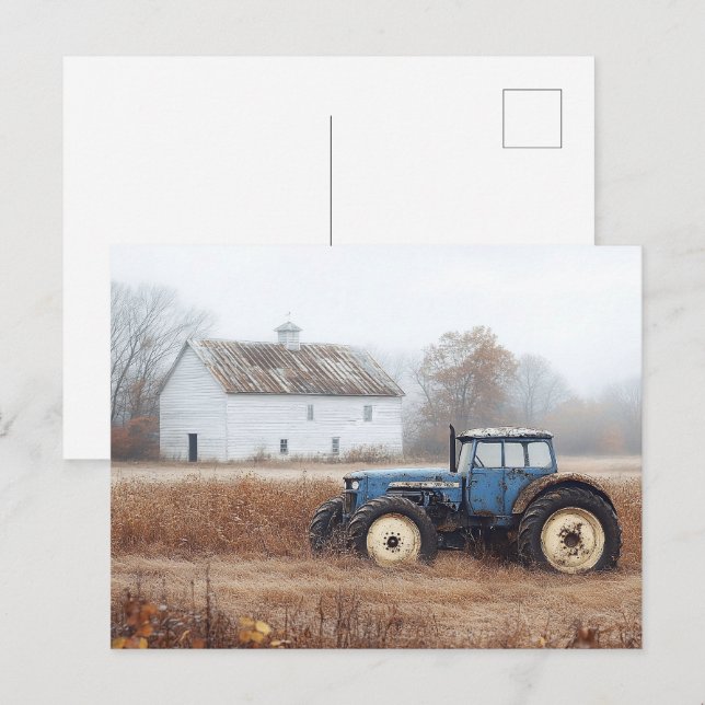 Blue Tractor Barn and Field Postcard (Front/Back)