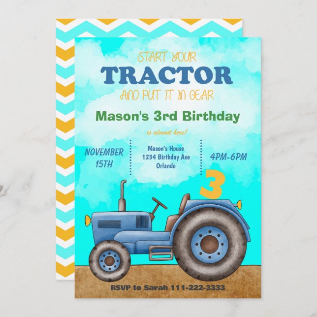 Blue Tractor Birthday Invitation (Front/Back)