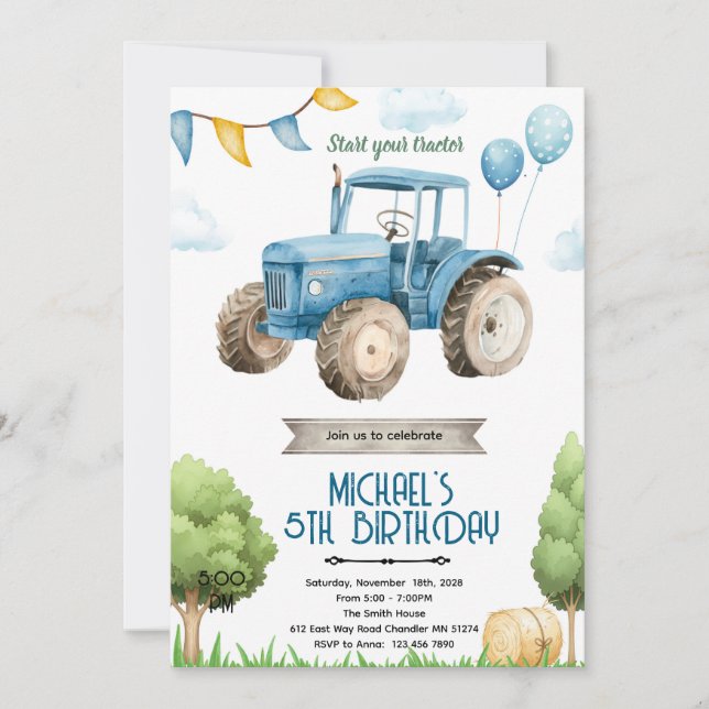 Blue tractor birthday party invitation (Front)