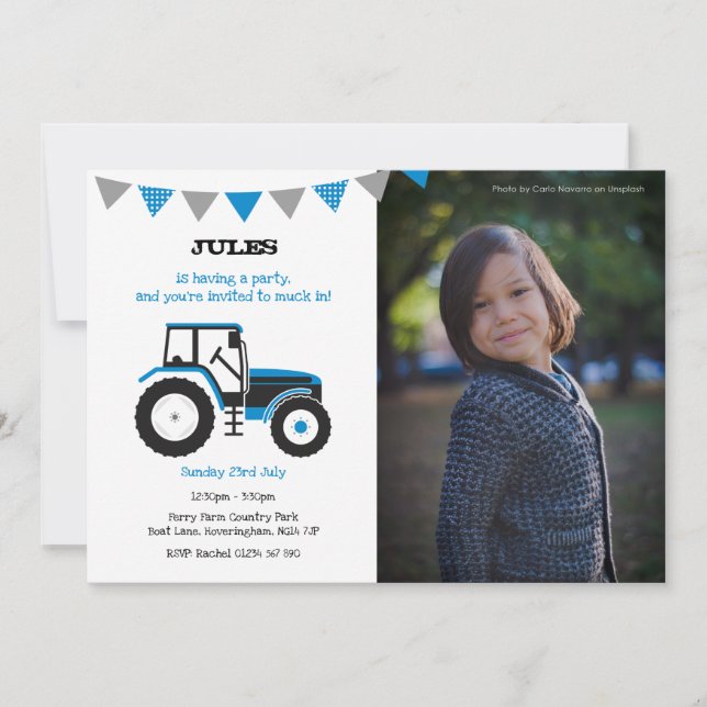 Blue Tractor Birthday Party Invite With Photo (Front)