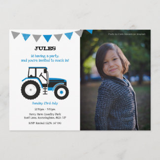 Blue Tractor Birthday Party Invite With Photo