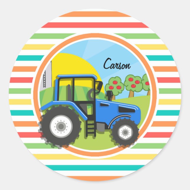 Blue Tractor; Bright Rainbow Stripes Classic Round Sticker (Front)
