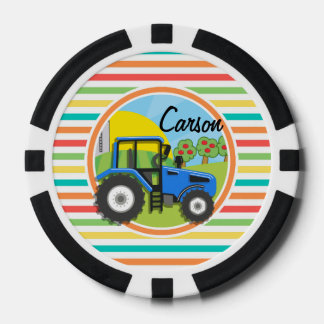 Blue Tractor; Bright Rainbow Stripes Poker Chips