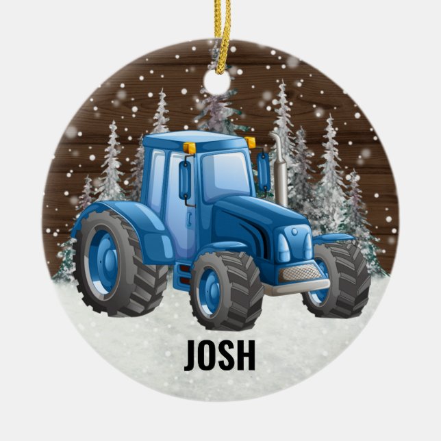 Blue Tractor Farm Vehicle Rustic Christmas Ceramic Ornament (Front)
