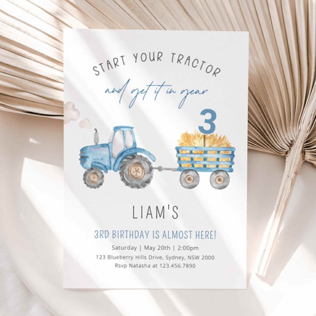 Blue Tractor & Trailer Any Age Birthday Party Invitation (Creator Uploaded)