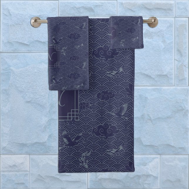 Blue Traditional Japanese Wave Seigaiha Monogram Bath Towel Set (Creator Uploaded)