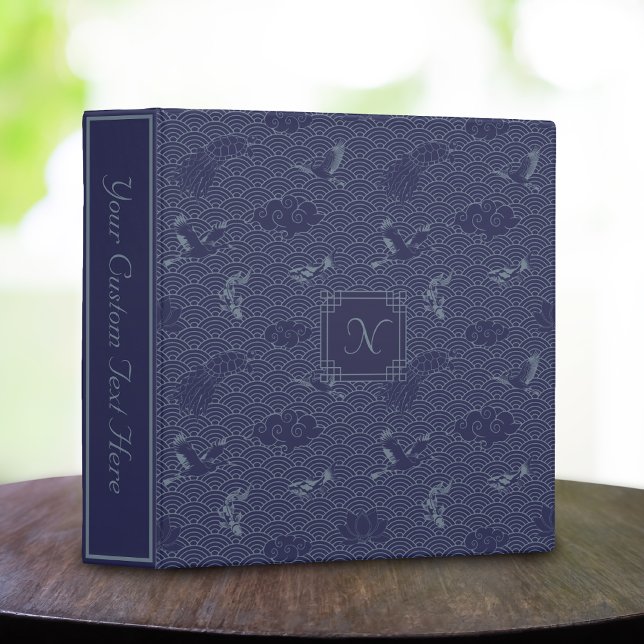 Blue Traditional Japanese Wave Seigaiha Monogram Binder (Creator Uploaded)