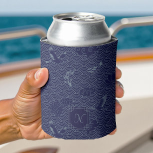 Blue Traditional Japanese Wave Seigaiha Monogram Can Cooler