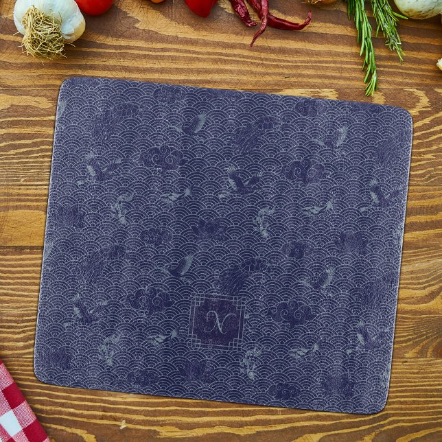 Blue Traditional Japanese Wave Seigaiha Monogram Cutting Board (Creator Uploaded)