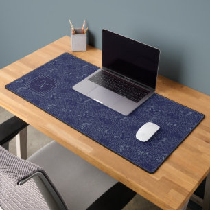Blue Traditional Japanese Wave Seigaiha Monogram Desk Mat
