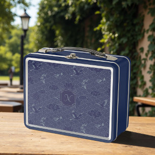 Blue Traditional Japanese Wave Seigaiha Monogram Metal Lunch Box