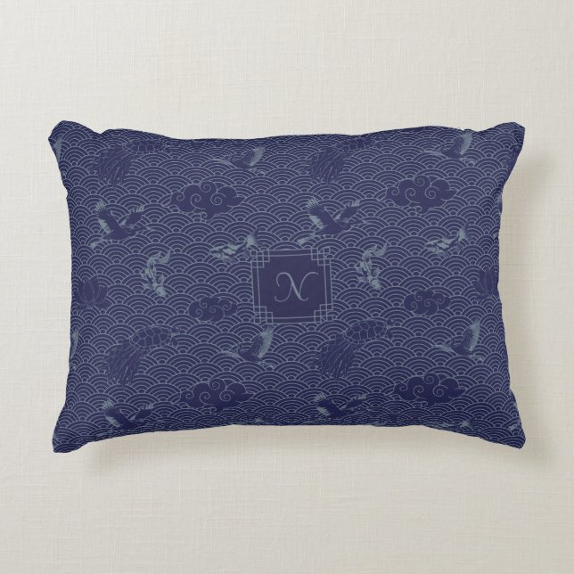 Blue Traditional Japanese Wave Seigaiha Pattern Accent Pillow (Front)