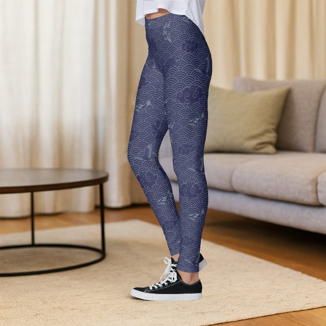 Blue Traditional Japanese Wave Seigaiha Pattern Leggings (Creator Uploaded)
