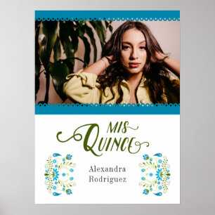 Blue Traditional Mexican Floral Photo Quinceanera Poster