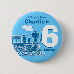 Blue train birthday name and age button / badge