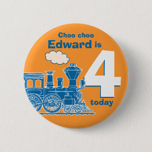 Blue train birthday name and age orange badge 2 inch round button