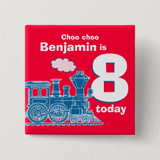 Blue train birthday name and age red badge 2 inch square button (Front)