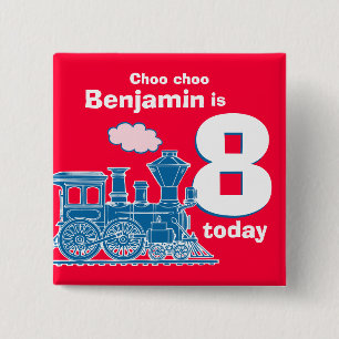 Blue train birthday name and age red badge 2 inch square button