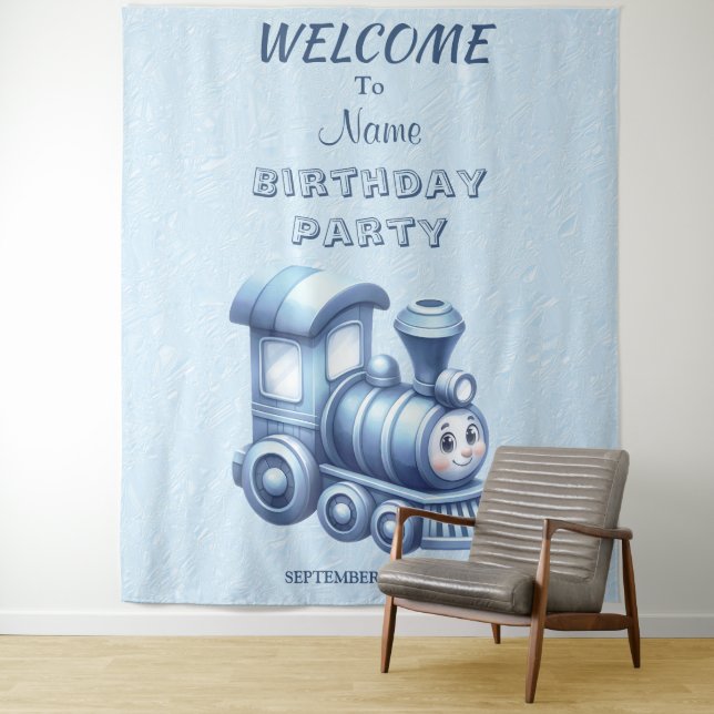 Blue Train Birthday Party Backdrop Tapestry (In Situ)