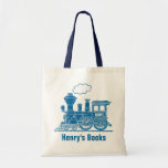 Blue train kids named id library tote bag<br><div class="desc">Blue train boys school library bag. Personalize with your child's name,  perfect for library or school. Currently reads Henry's Books and Henry on boiler plate. Uniquely designed by Sarah Trett.</div>