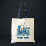 Blue train kids named id library tote bag<br><div class="desc">Blue train boys school library bag. Personalize with your child's name,  perfect for library or school. Currently reads Henry's Books and Henry on boiler plate. Uniquely designed by Sarah Trett.</div>