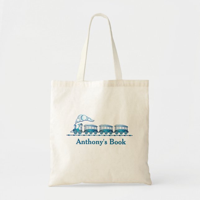 Blue train kids named library tote bag (Front)