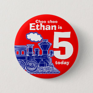 Blue train red birthday name age 5 button