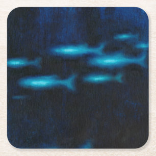 Blue Translucent Fish Silhouettes Square Paper Coaster