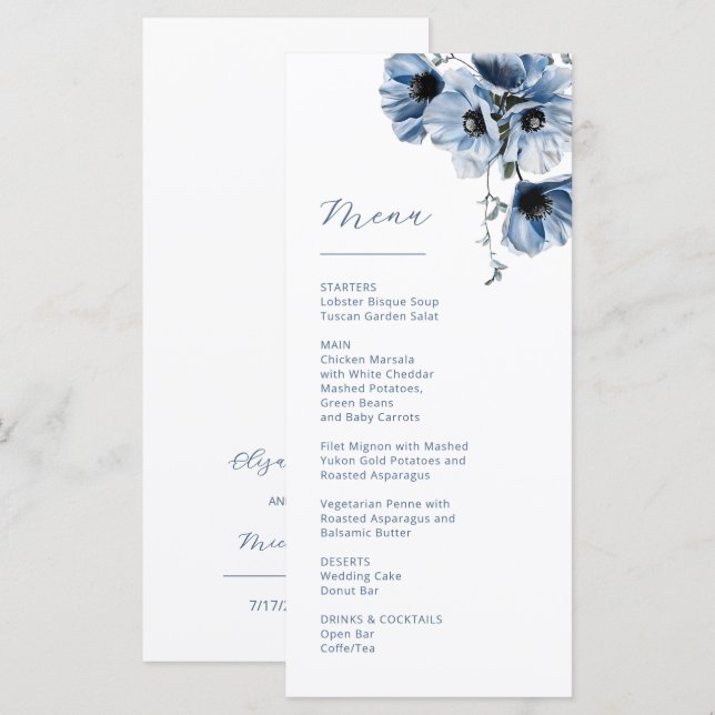 Blue Transparent Flowers Weddding Menu (Front/Back)