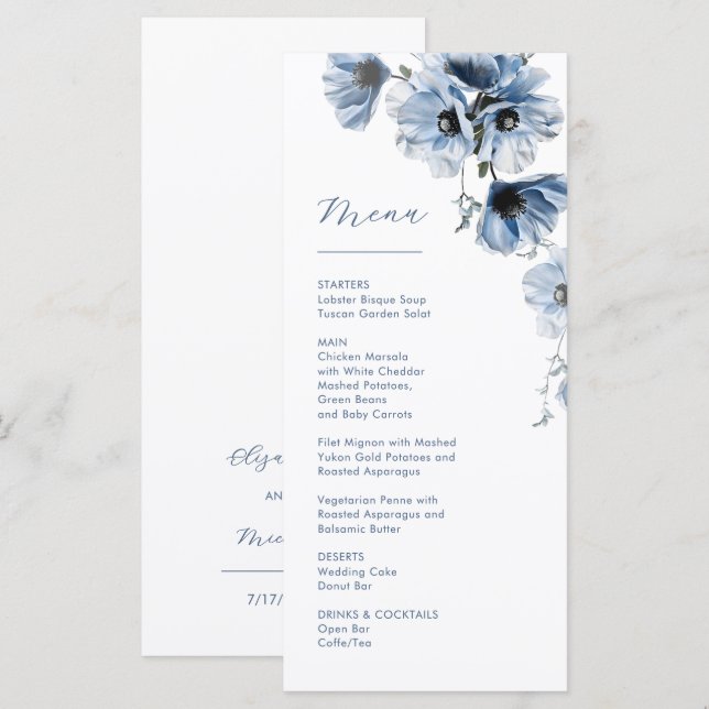 Blue Transparent Flowers Wedding Menu (Front/Back)