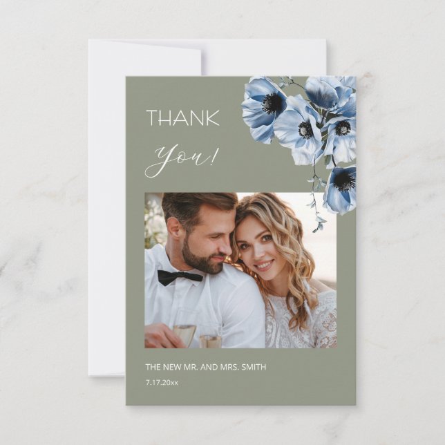 Blue Transparent Flowers Wedding Thank You Card (Front)