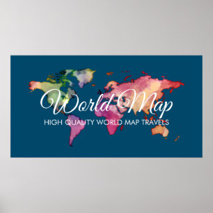 Blue Travel Agency Colorful Watercolor World Map Poster