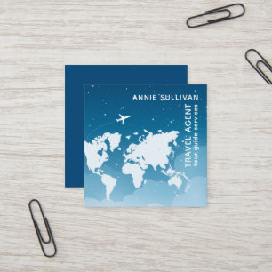 Blue Travel Agent World Map and Plane Square Business Card
