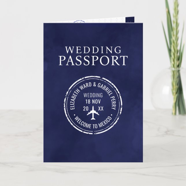 Blue Travel Destination Wedding Passport  Invitation (Front)