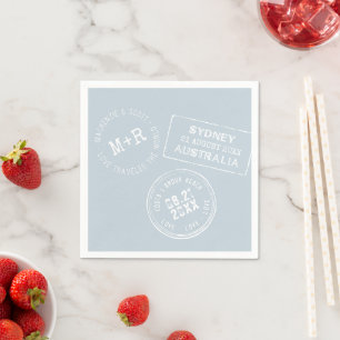 Blue Travel Theme Custom Passport Stamp Wedding Napkin