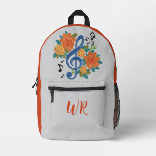 Blue Treble Clef Music Note Orange Initials Printed Backpack