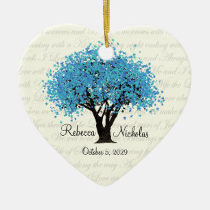 Blue Tree Dancing Blooms Wedding Photo Ceramic Ornament