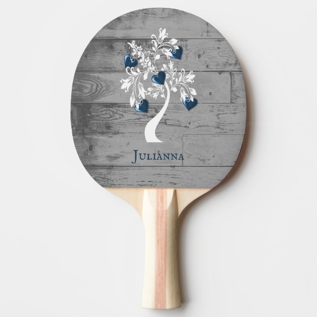 Blue Tree of Hearts Personalized Ping Pong Paddle (Front)