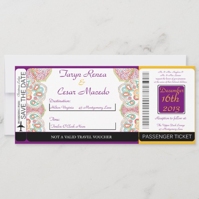 Blue Tree / Snowf Boarding Pass Wedding Invitation (Front)